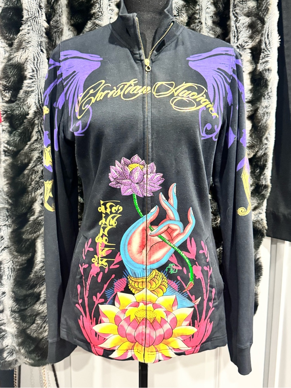 Christian Audigier Black Jacket with Multicolor Lotus and Hand Motif